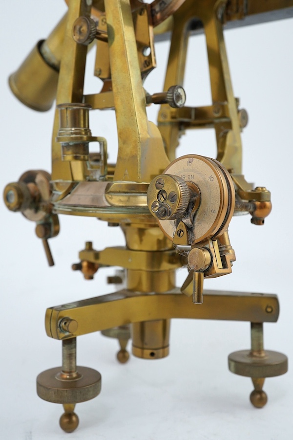 A late 19th century Casella & Co., London, brass theodolite, numbered 7906, engraved with ‘fitted with Reeves’s patent tangent micrometer’, 31cm high. Condition - fair to good